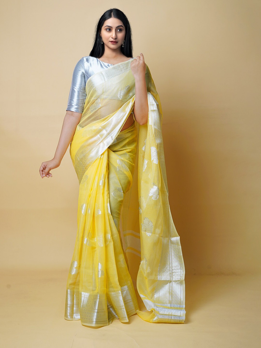 

Unnati Silks Ethnic Motifs Woven Design Zari Pure Cotton Banarasi Saree, Yellow