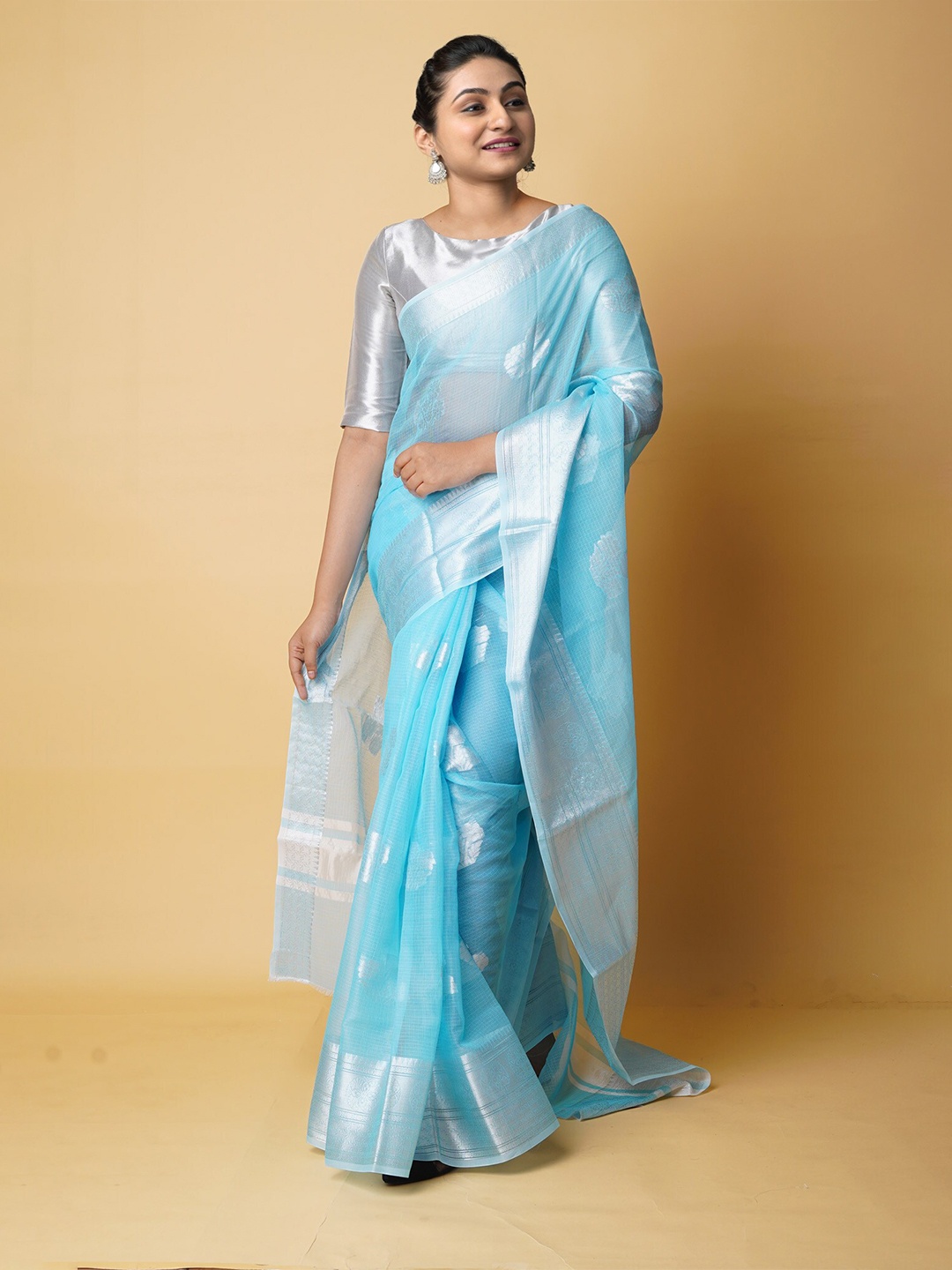 

Unnati Silks Ethnic Motifs Woven Design Zari Pure Cotton Banarasi Saree, Blue