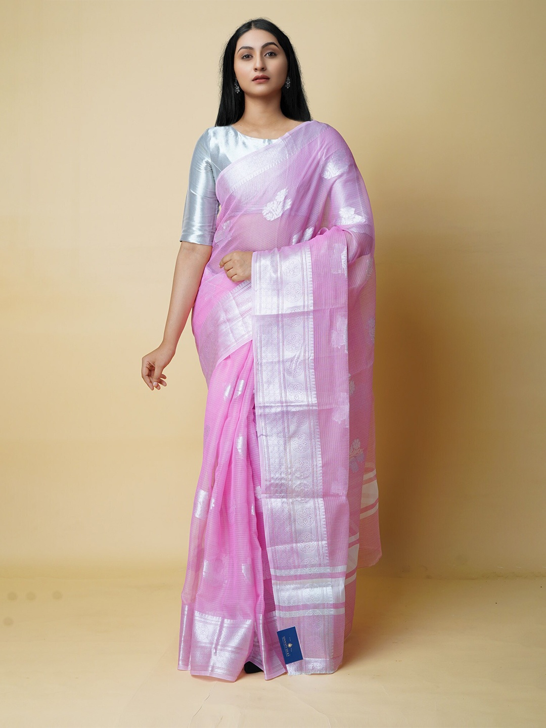 

Unnati Silks Ethnic Motifs Woven Design Zari Pure Cotton Banarasi Saree, Pink