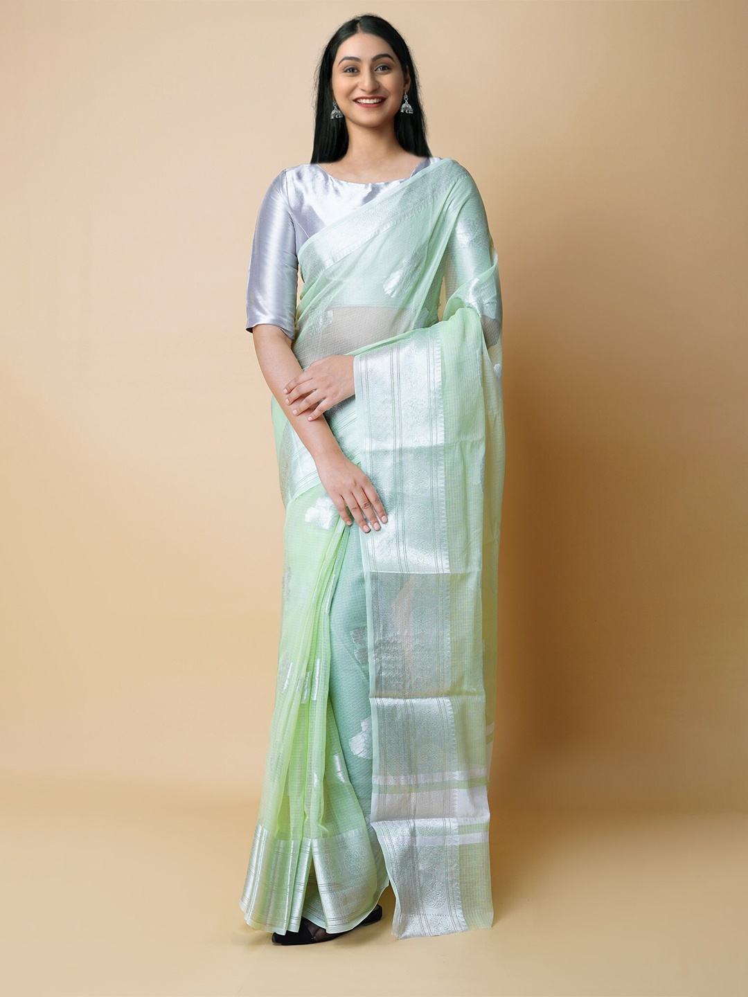 

Unnati Silks Ethnic Motifs Woven Design Zari Pure Cotton Banarasi Saree, Green