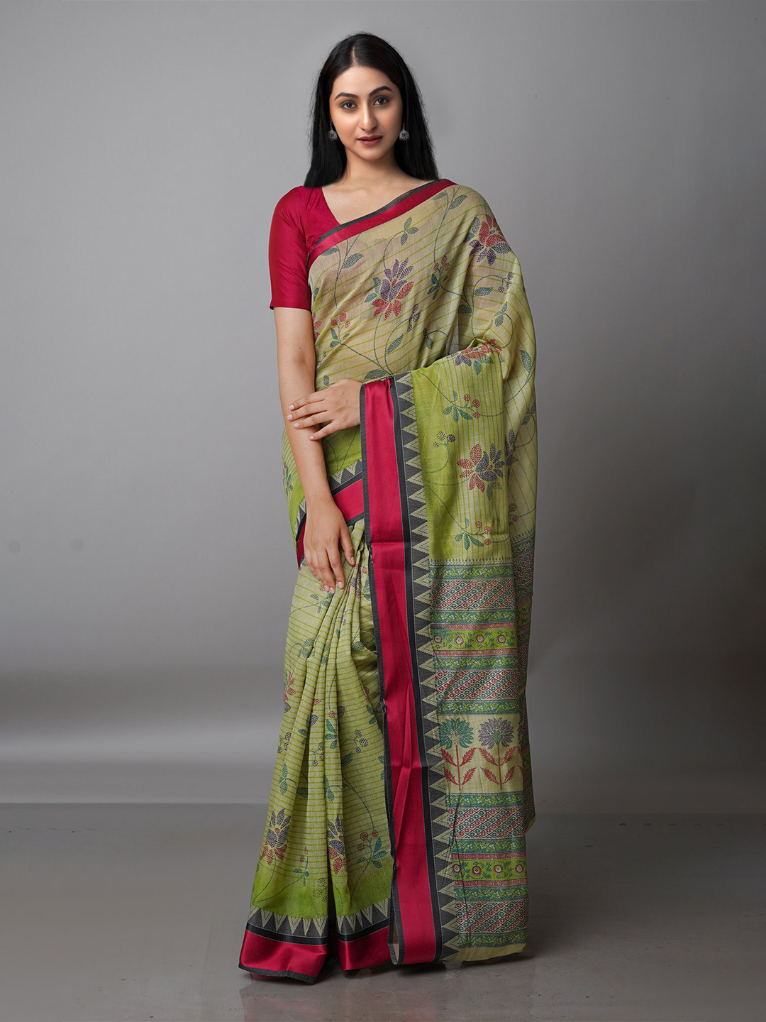 

Unnati Silks Floral Printed Silk Cotton Chanderi Saree, Green