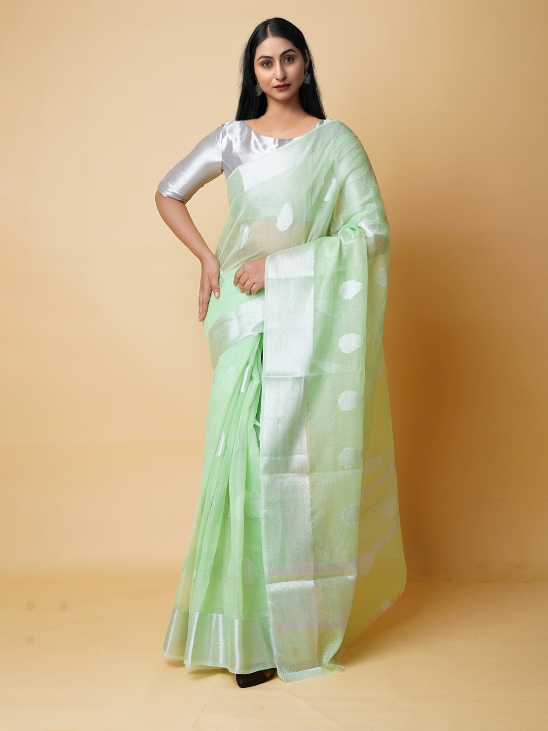 

Unnati Silks Woven Design Zari Pure Cotton Banarasi Saree, Green