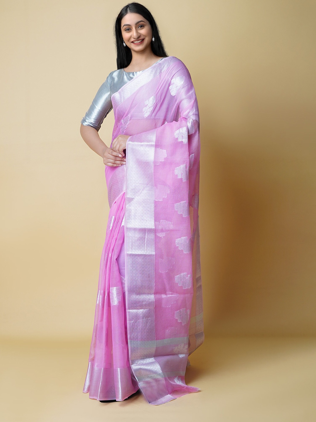 

Unnati Silks Woven Design Zari Pure Cotton Banarasi Saree, Pink