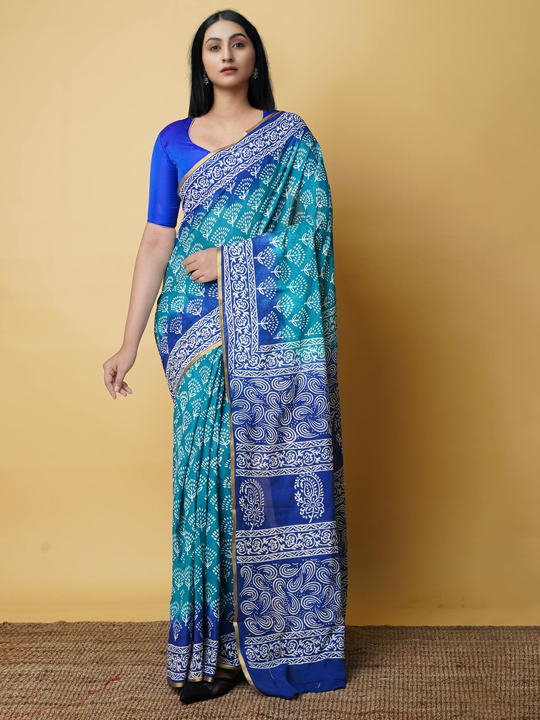 

Unnati Silks Ethnic Motifs Zari Pure Cotton Block Print Saree, Blue