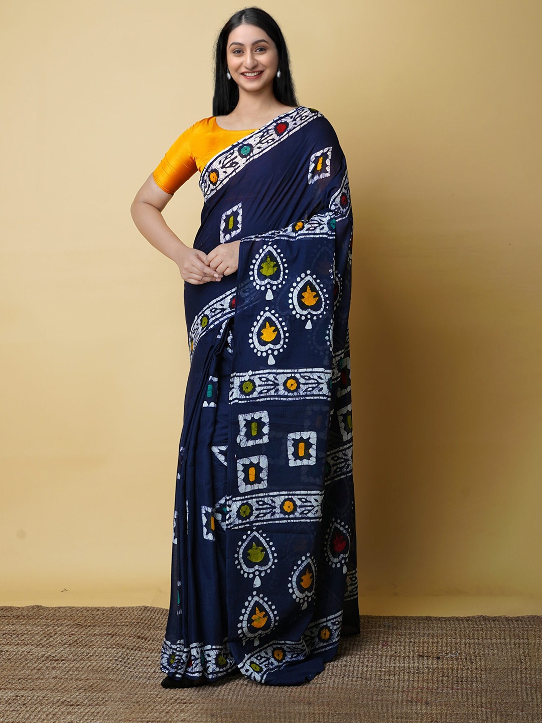 

Unnati Silks Batik Printed Pure Cotton Kota Saree, Navy blue