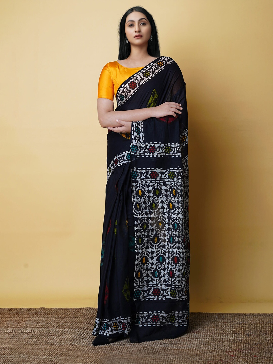 

Unnati Silks Batik Printed Pure Cotton Kota Saree, Black