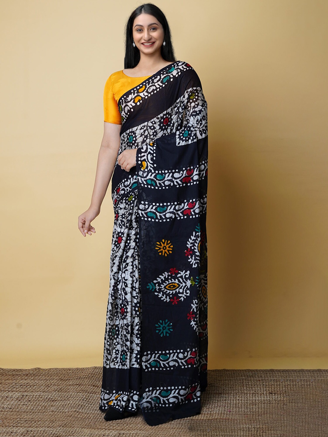 

Unnati Silks Batik Printed Pure Cotton Kota Saree, Black