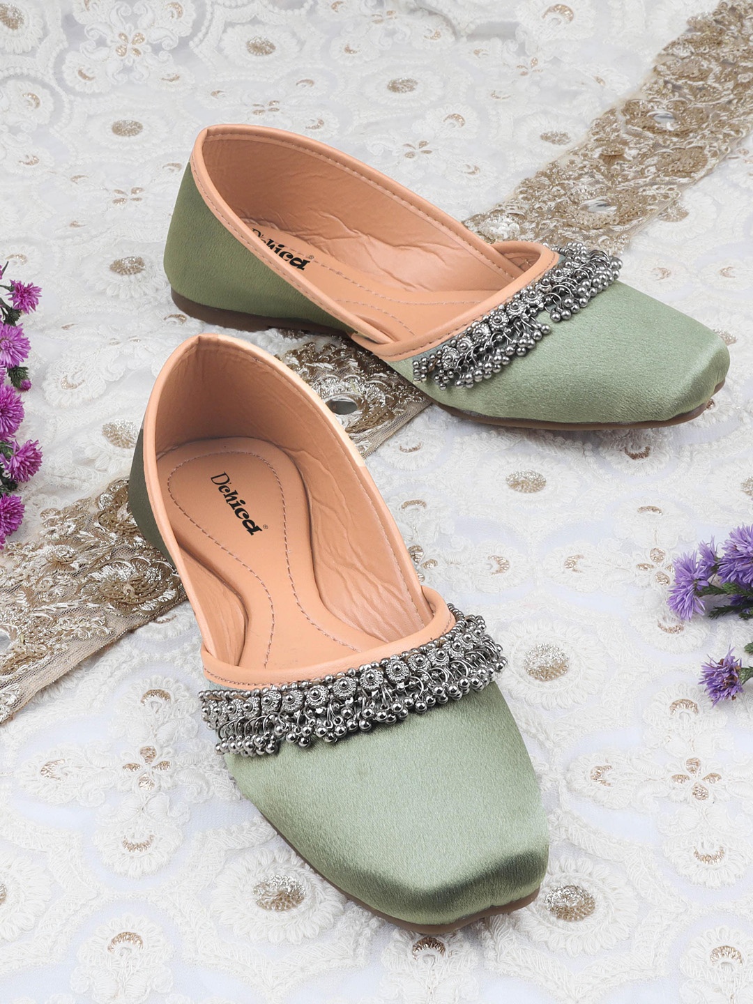 

DChica Girls Ethnic Embellished Square Toe Fabric Mojaris, Sea green