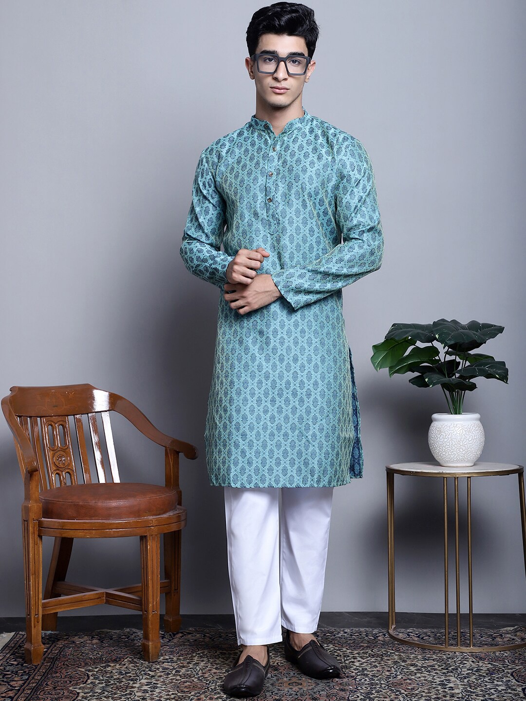 

Jompers Ethnic Motifs Woven Design Band Collar Kurta & Trousers, Turquoise blue