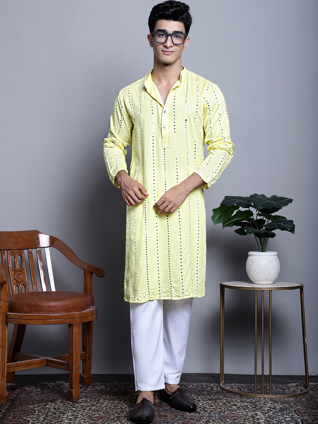

Jompers Striped Band Collar Mirror Work Straight Kurta & Pyjamas, Yellow