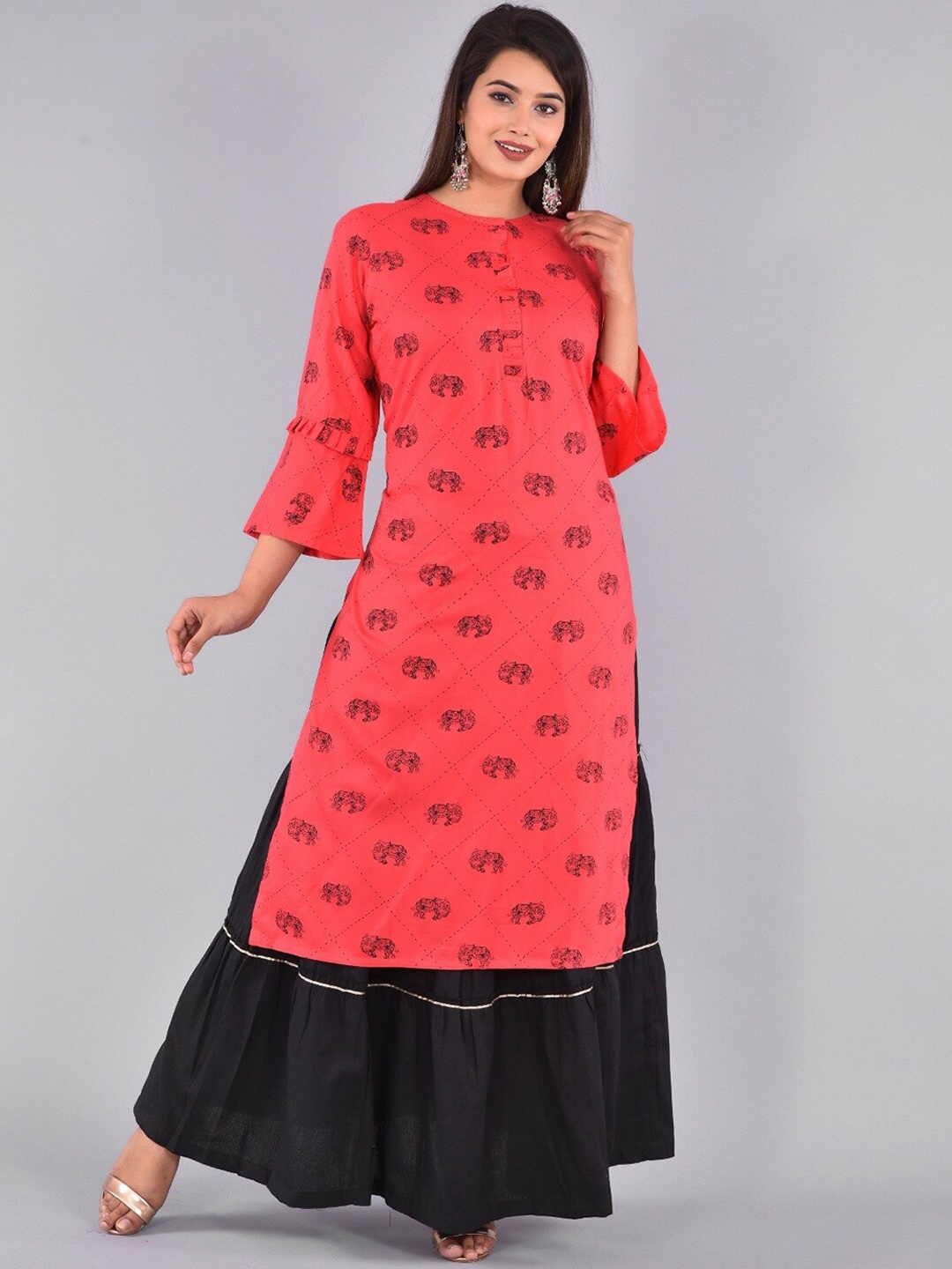 

KALINI Ethnic Motifs Printed Regular Kurta with Skirt, Red