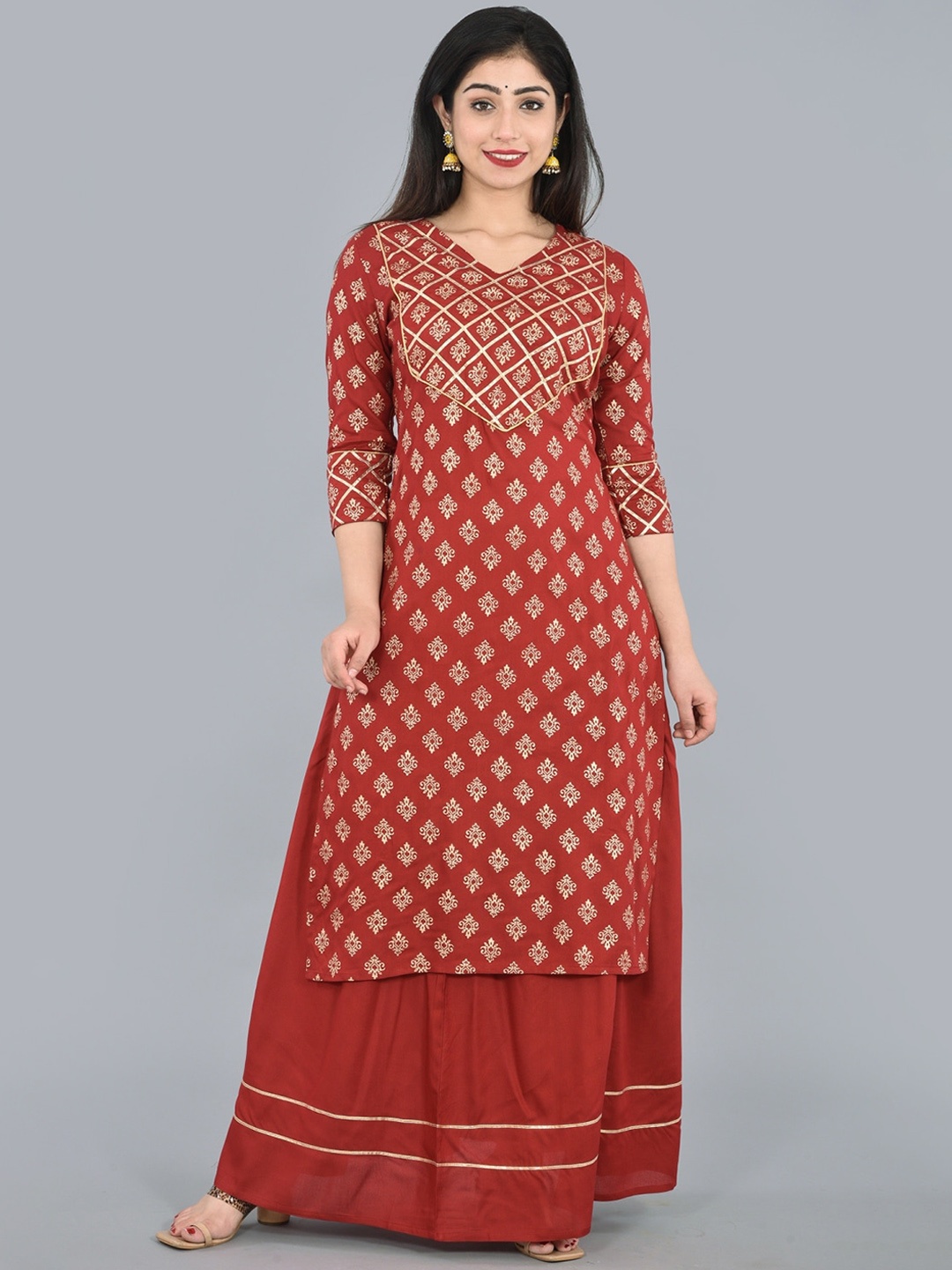 

KALINI Ethnic Motifs Printed Regular Gotta Patti Kurta with Skirt, Maroon