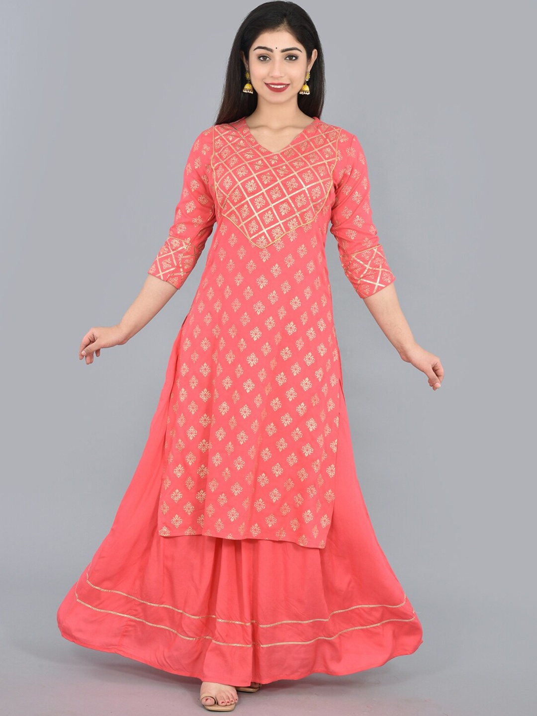 

KALINI Ethnic Motifs Printed Regular Kurta With Skirt, Pink