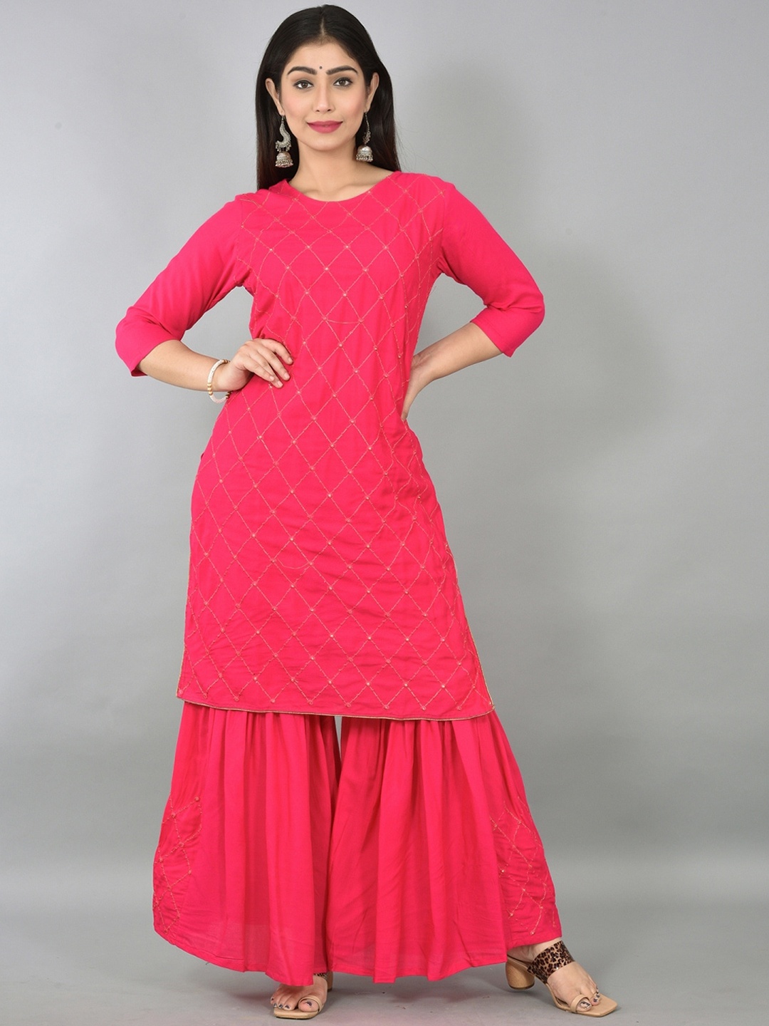 

KALINI Ethnic Motifs Embroidered Regular Mirror Work Kurta with Sharara, Pink