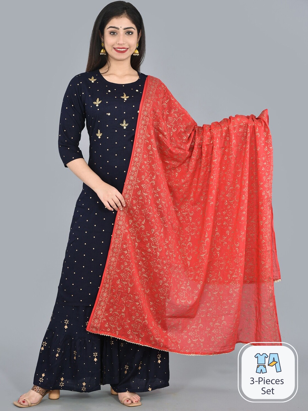 

KALINI Floral Embroidered Beads And Stones Kurta With Sharara & Dupatta, Blue