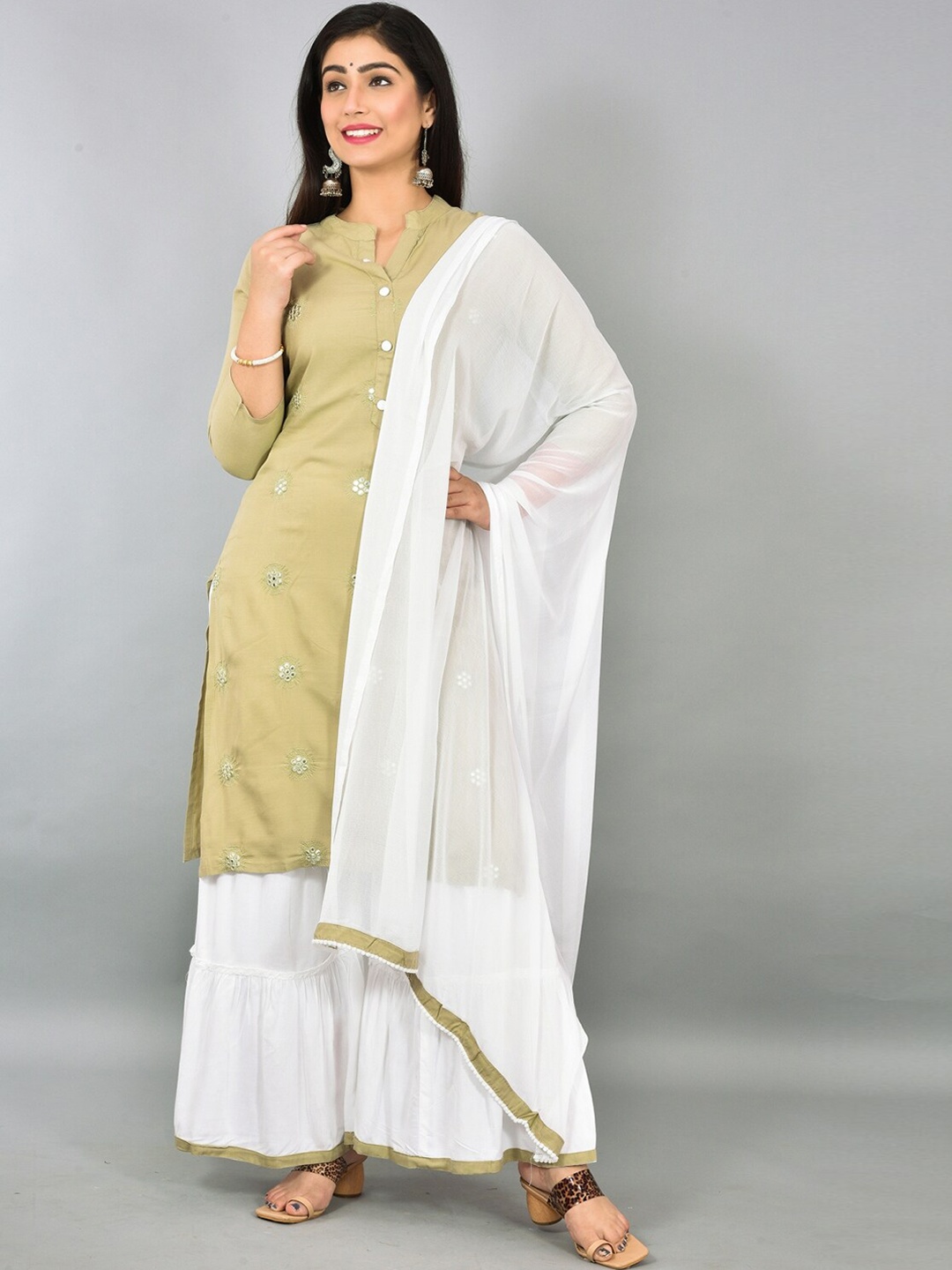 

KALINI Ethnic Motifs Embroidered Regular Kurta With Sharara & Dupatta, Green