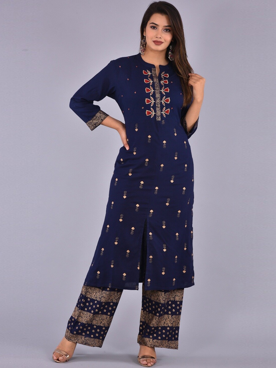 

KALINI Floral Printed Mandarin Collar Kurta With Palazzos, Blue