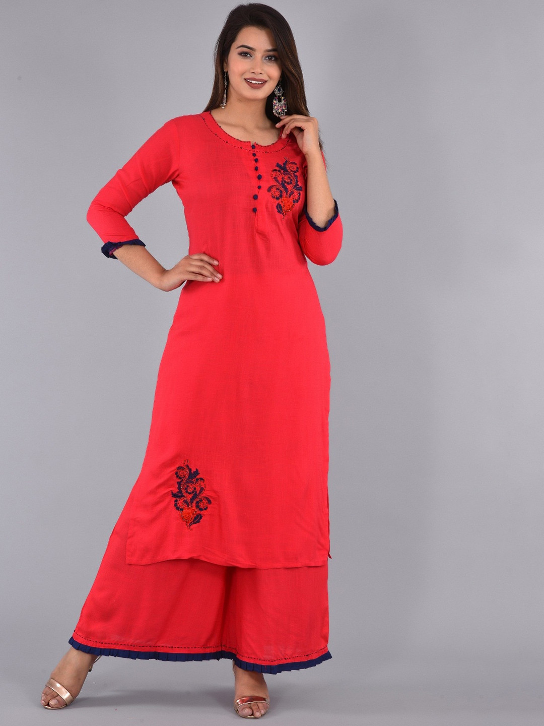 

KALINI Ethnic Motifs Yoke Design Regular Thread Work Kurta With Palazzos, Red