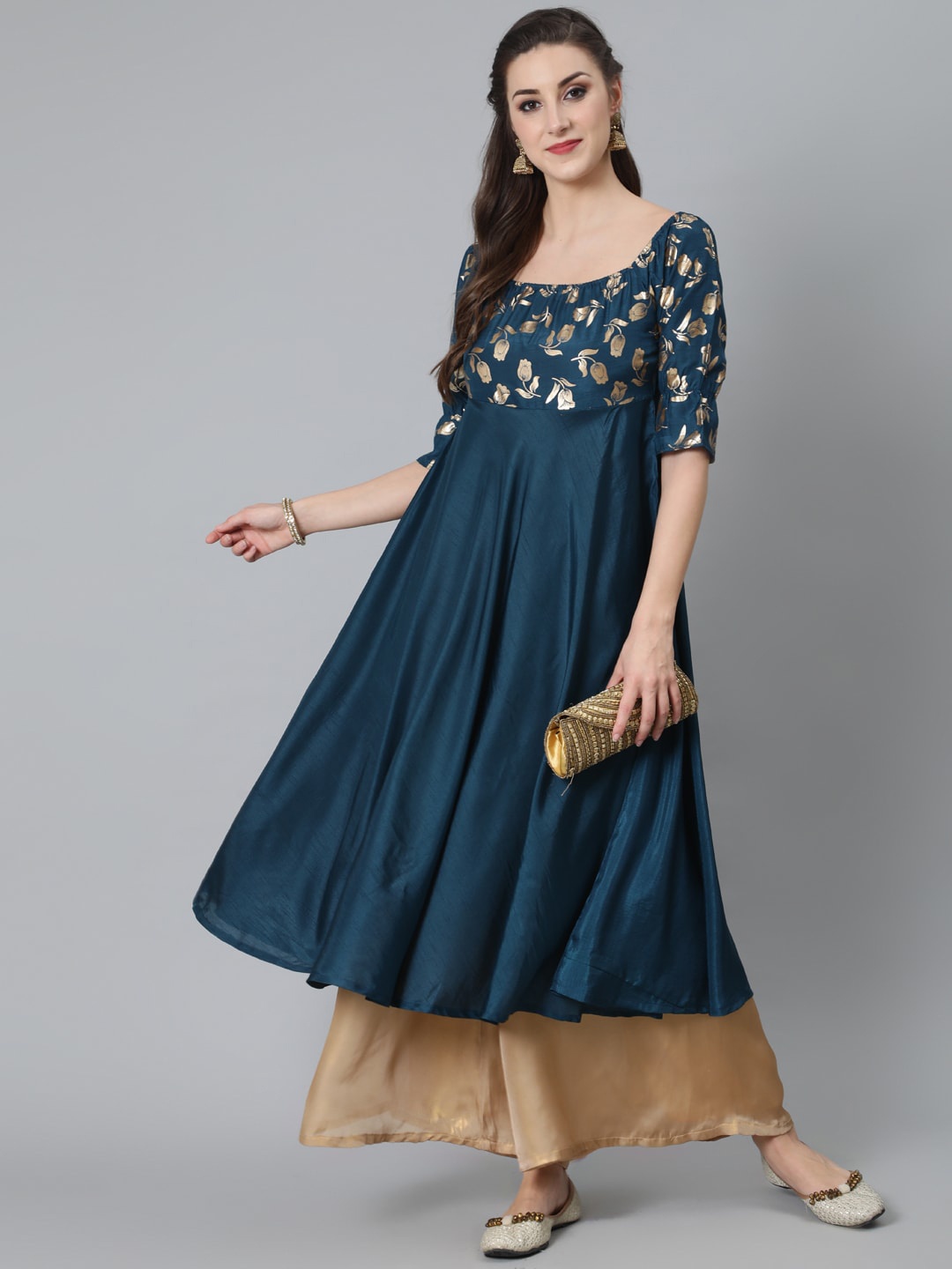 AKS Floral Yoke Design Anarkali Kurta, Green