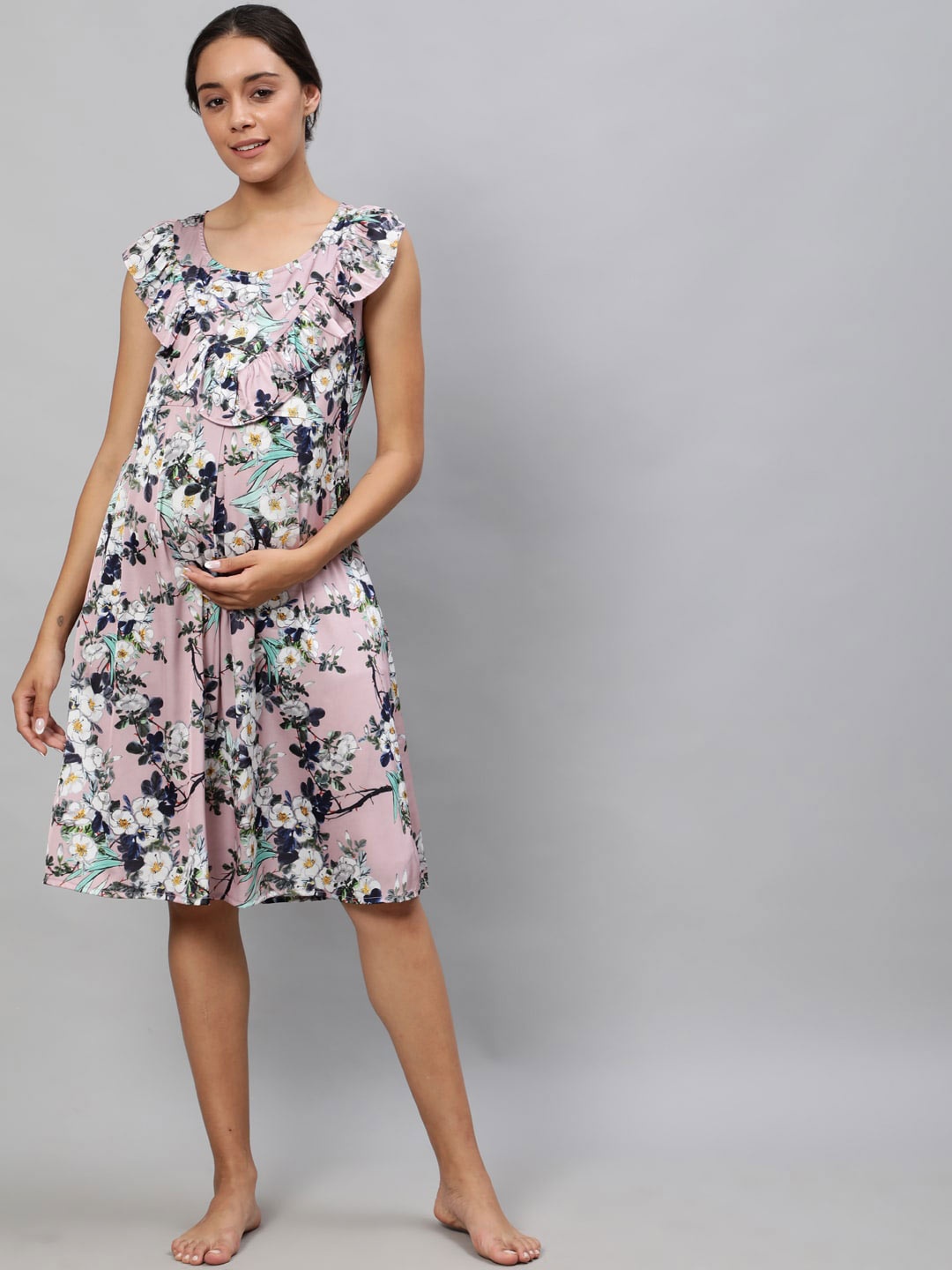 

AKS Floral Printed Satin Maternity Night Dress, Pink