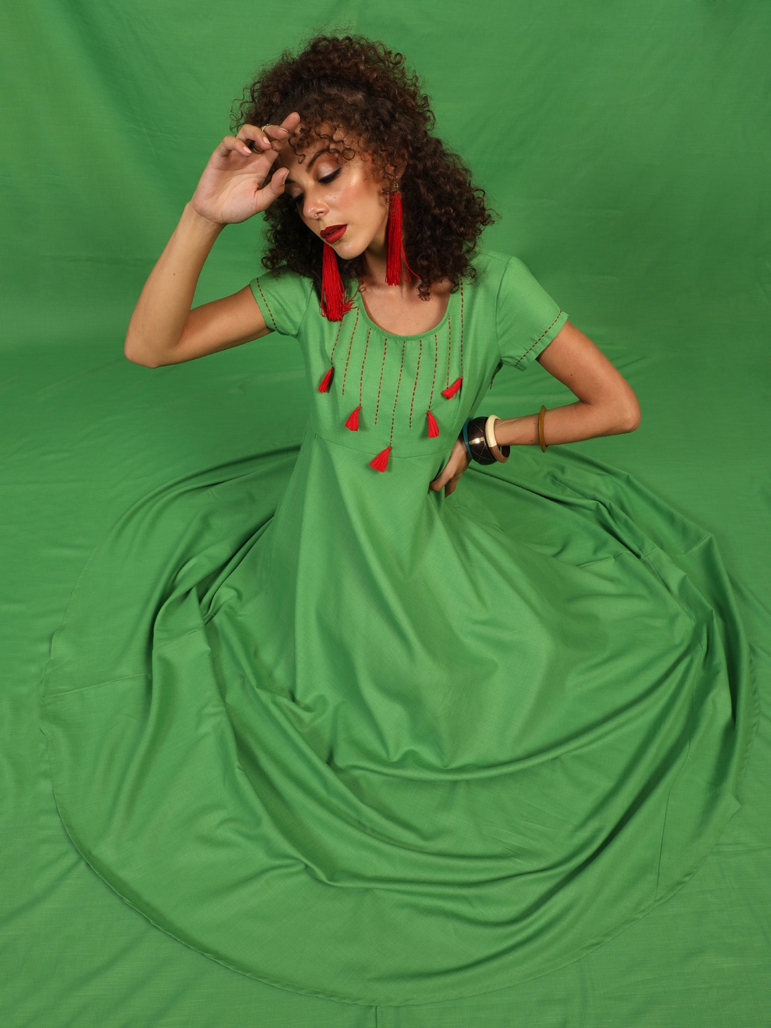 

AKS Embroidered Cotton Maxi Dress, Green