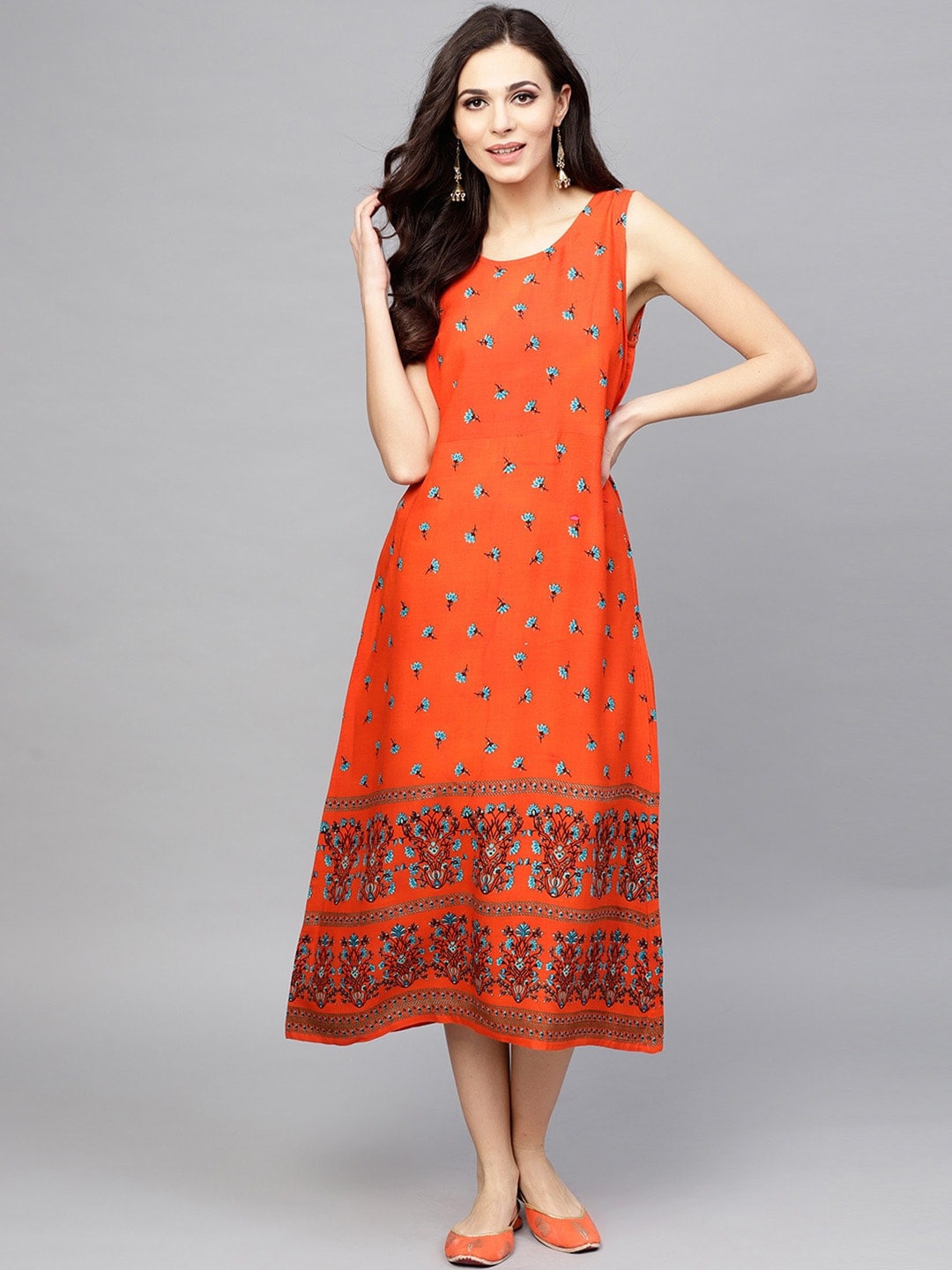

AKS Ethnic Motifs Printed Sleeveless A-Line Midi Dress, Orange