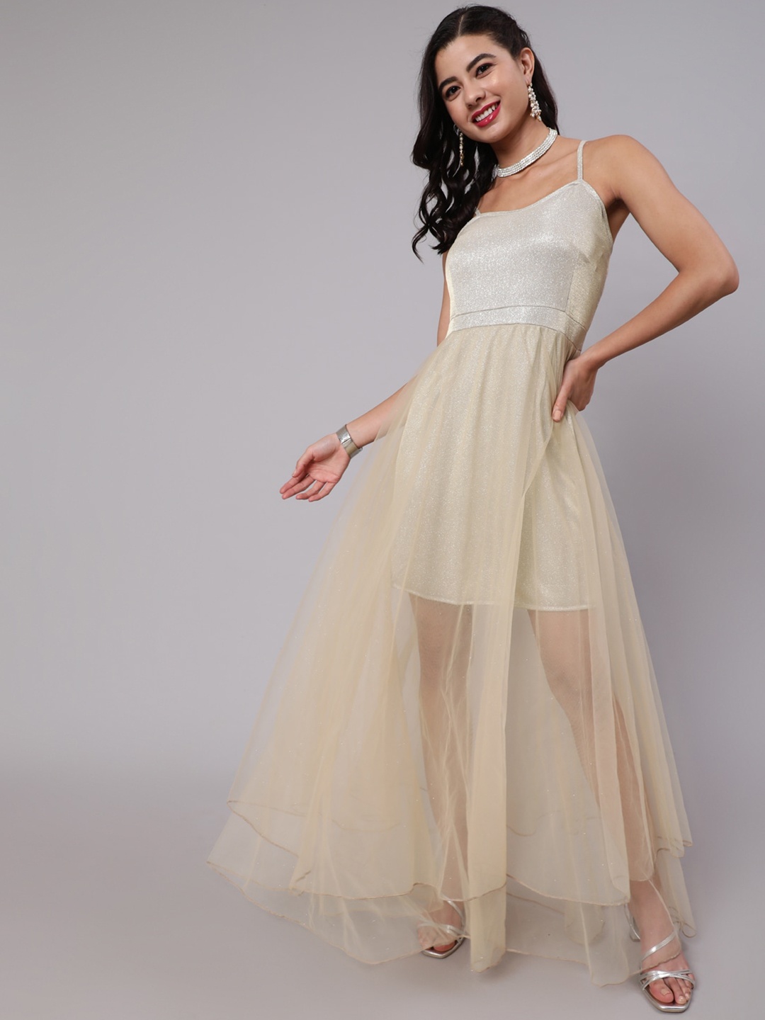 

AKS Shoulder Strapped Semi Sheer Net Maxi Dress, Beige