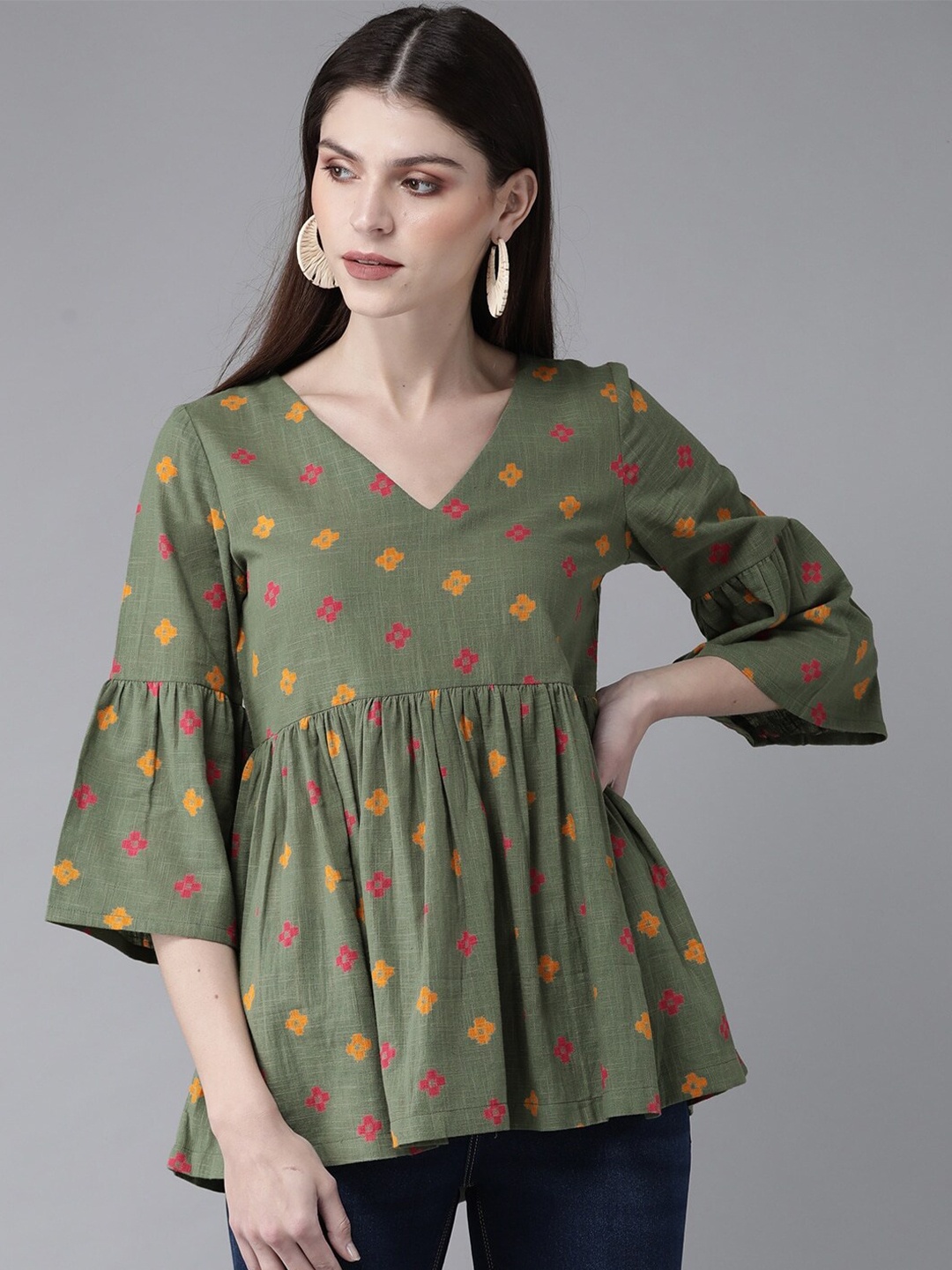 

AKS Floral Printed V-Neck Cotton Tunic, Green