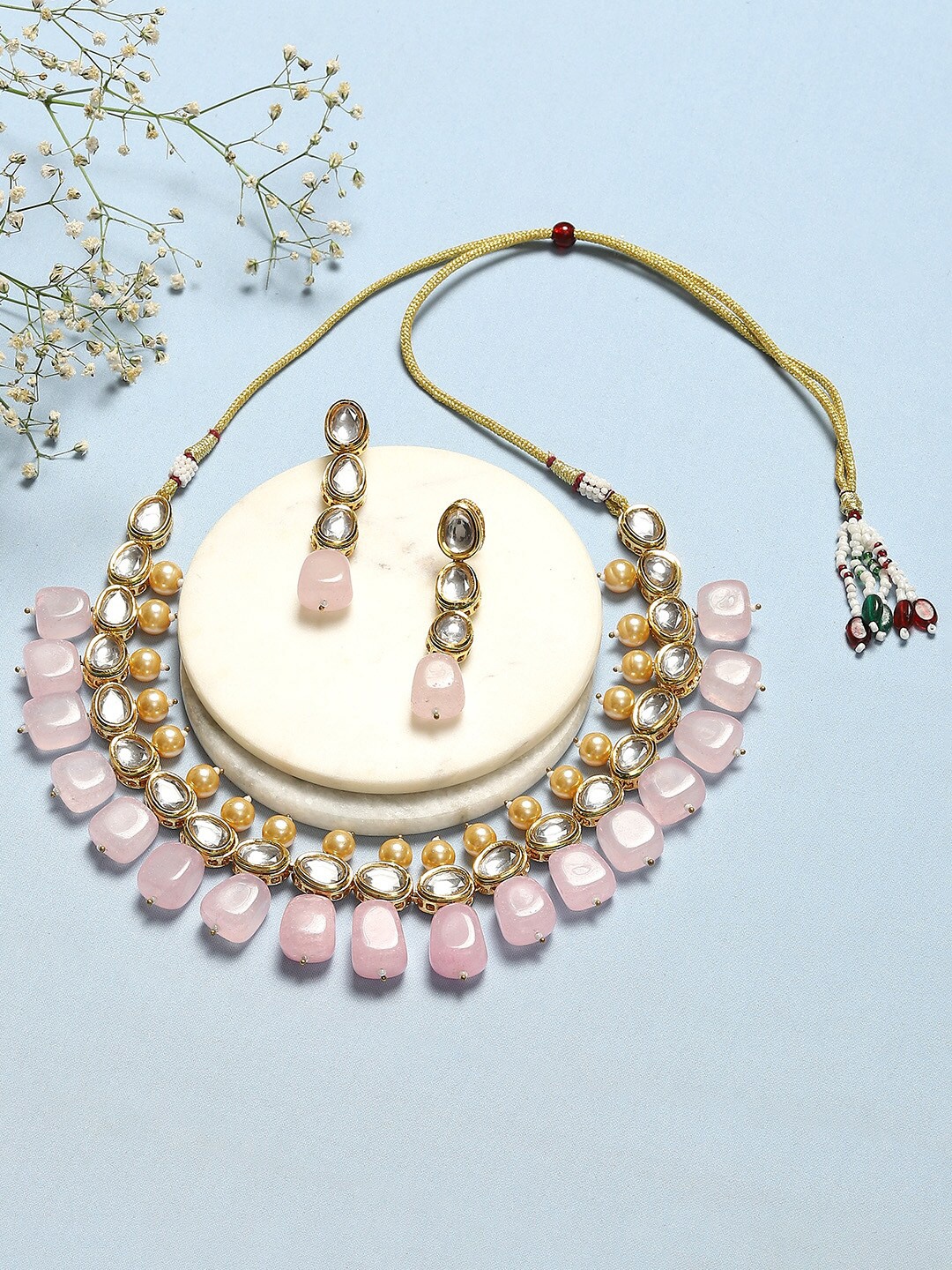 

Biba Silver-Plated Stone Studded Beaded Jewellery Set, Pink