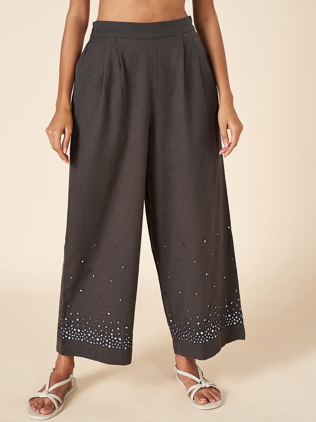 

AKKRITI BY PANTALOONS Women Embroidered Pleated Parallel Trousers, Charcoal