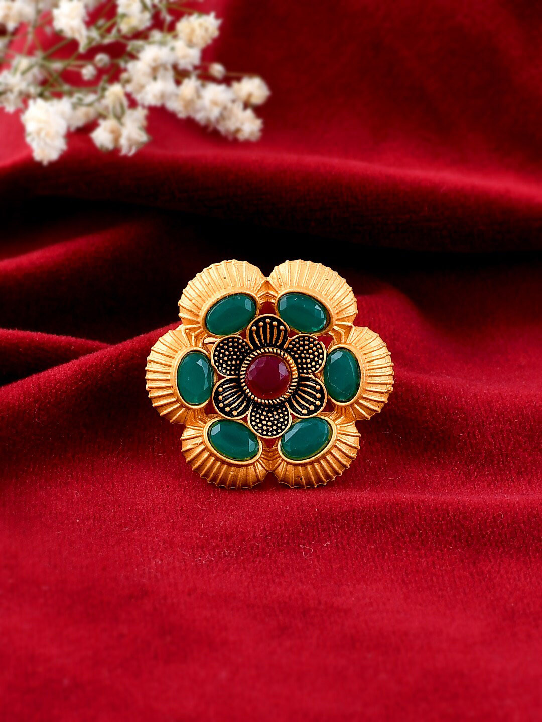 

Silvermerc Designs Gold-Plated Stone-Studded Adjustable Finger Ring