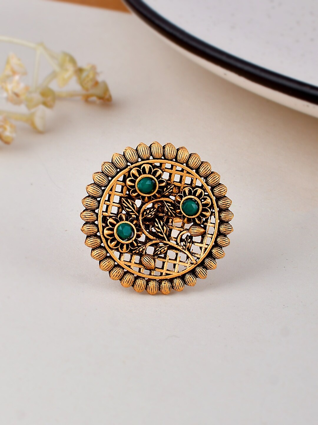 

Silvermerc Designs Gold-Plated Stone-Studded Finger Ring