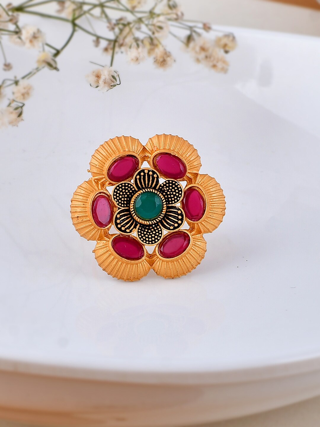 

Silvermerc Designs Gold-Plated Stone-Studded Adjustable Finger Ring