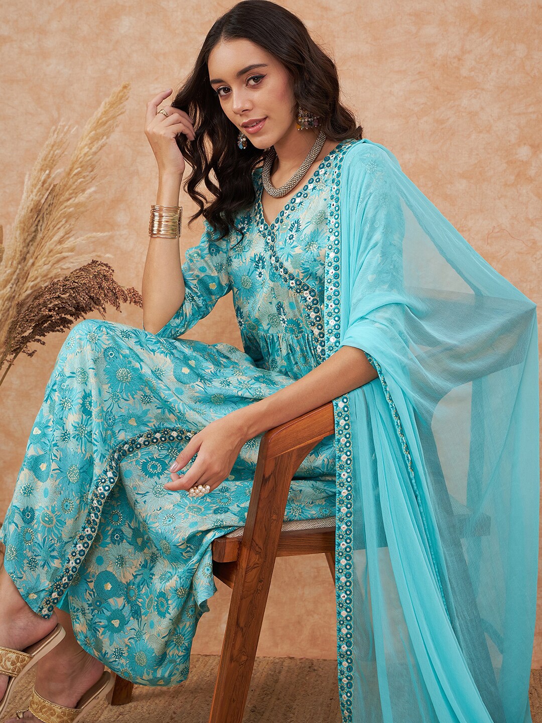 

Sangria Floral Printed Angrakha Anarkali Kurta With Trouser & Dupatta, Turquoise blue