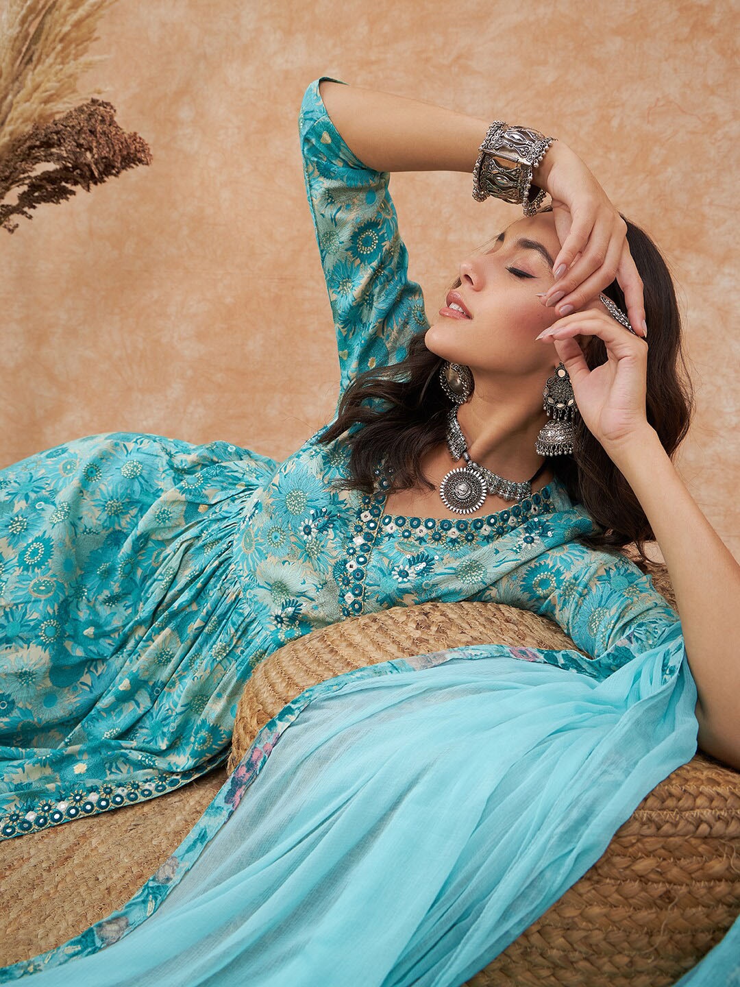 

Sangria Floral Printed Angrakha Anarkali Kurta With Trouser & Dupatta, Turquoise blue