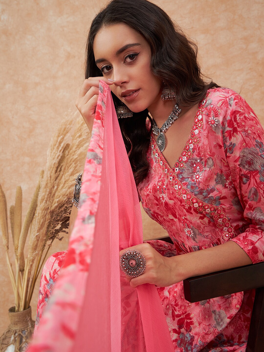 

Sangria Floral Printed Angrakha Anarkali Kurta With Trouser & Dupatta, Pink