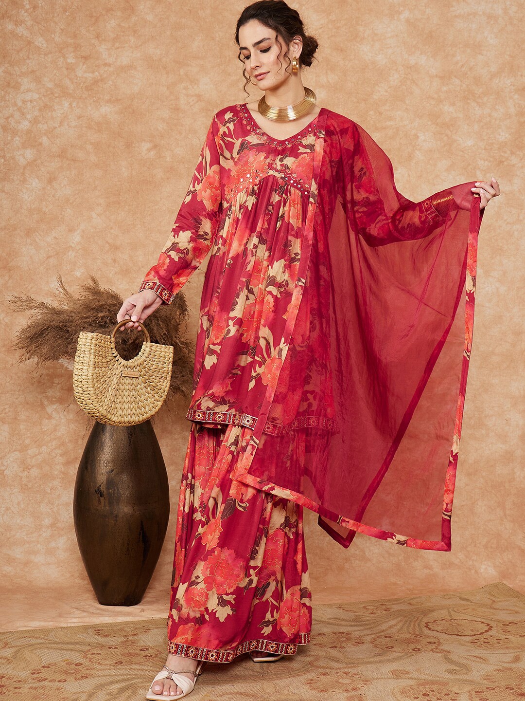 

Sangria Floral Printed Thread Work A-Line Kurta With Sharara & Dupatta, Maroon