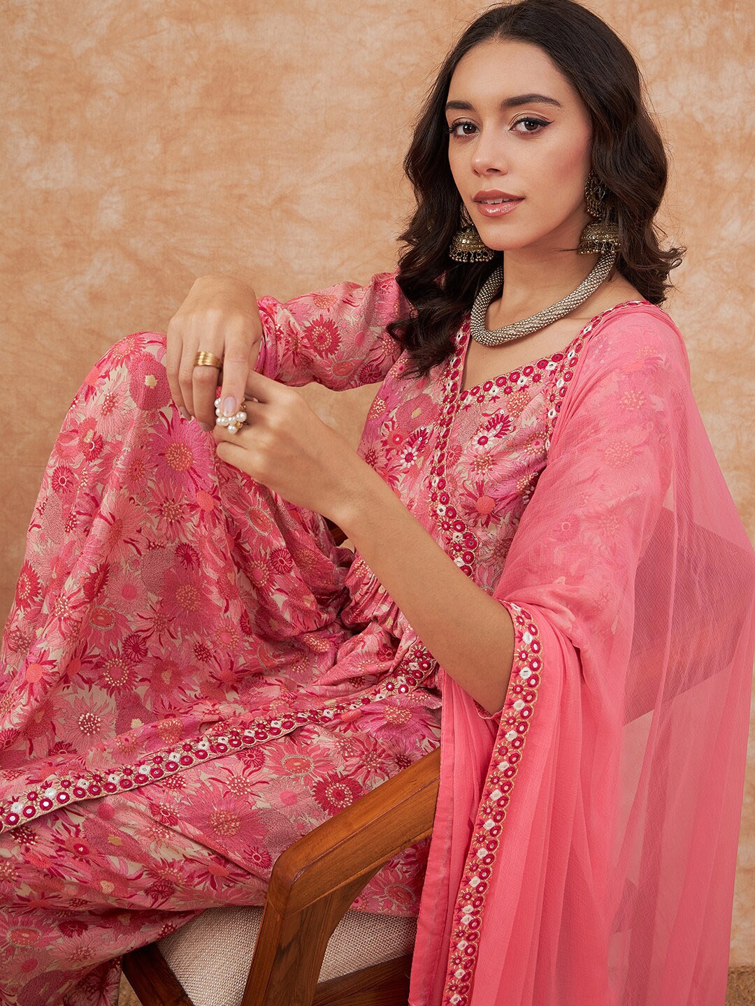 

Sangria Floral Printed Angrakha Anarkali Kurta With Trouser & Dupatta, Pink