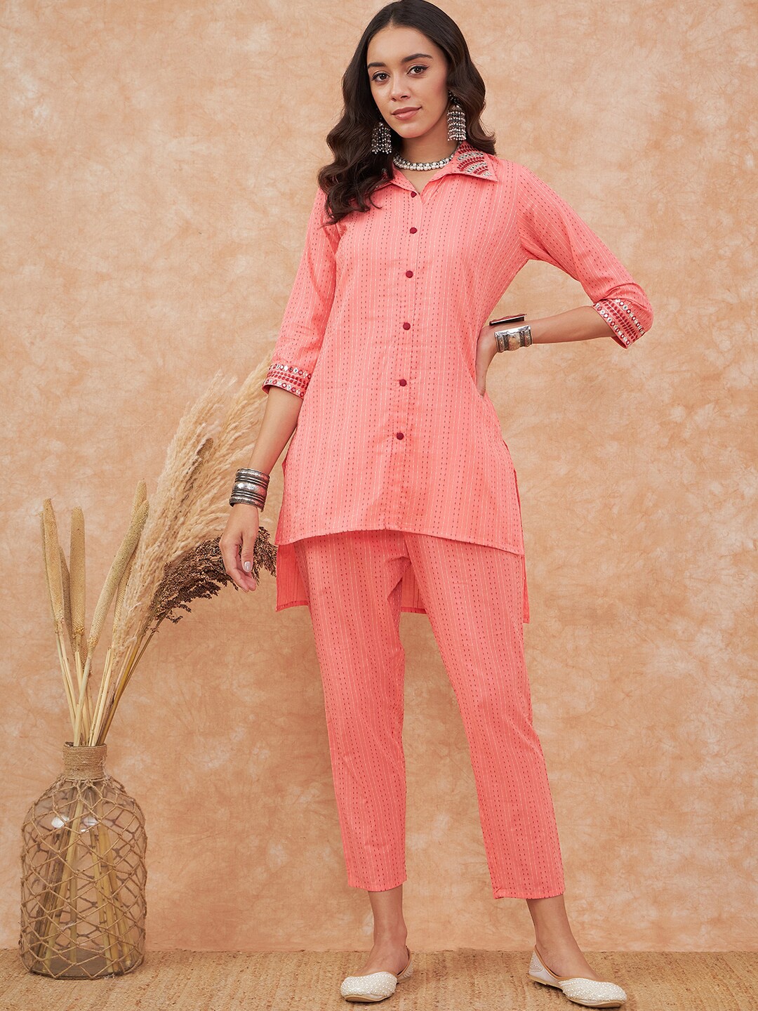 

Sangria Embroidered High-Low Pure Cotton Straight Kurti With Trouser, Pink