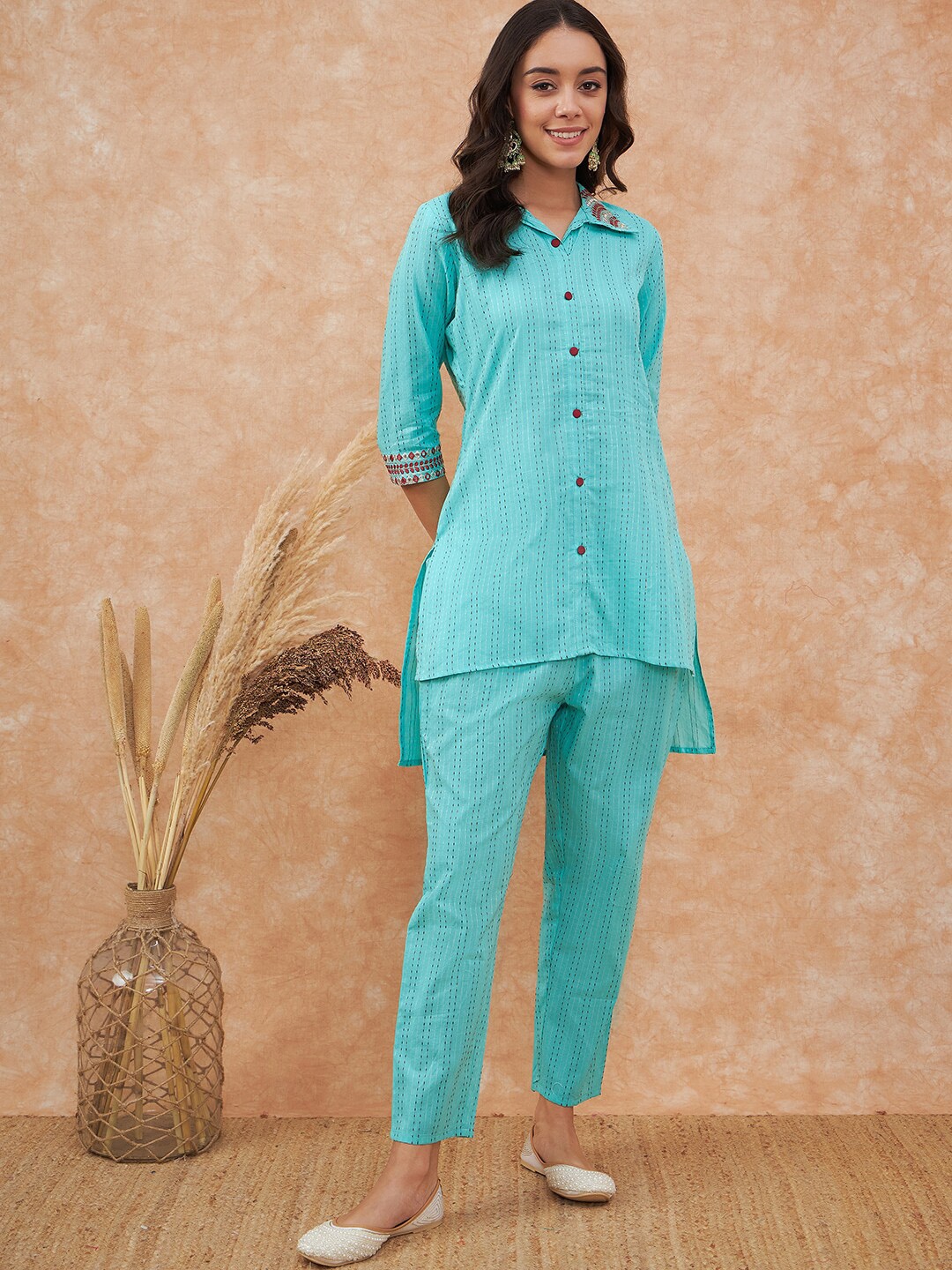 

Sangria Embroidered High-Low Pure Cotton Straight Kurti With Trouser, Turquoise blue