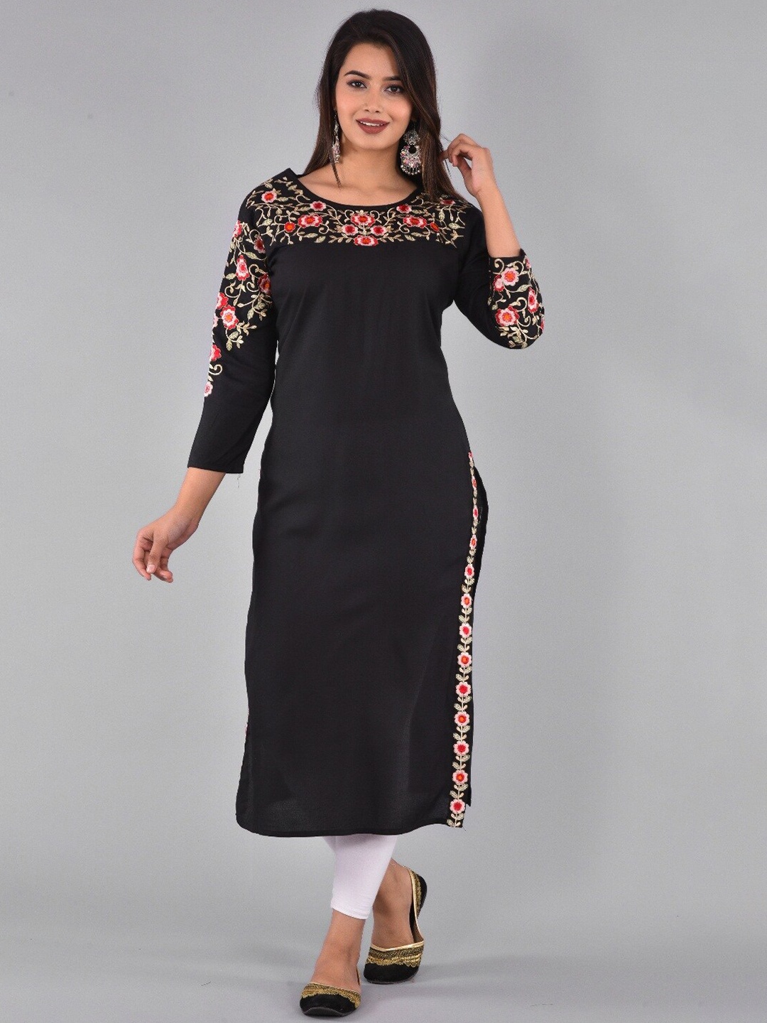 

KALINI Ethnic Motifs Embroidered Straight Kurta, Black