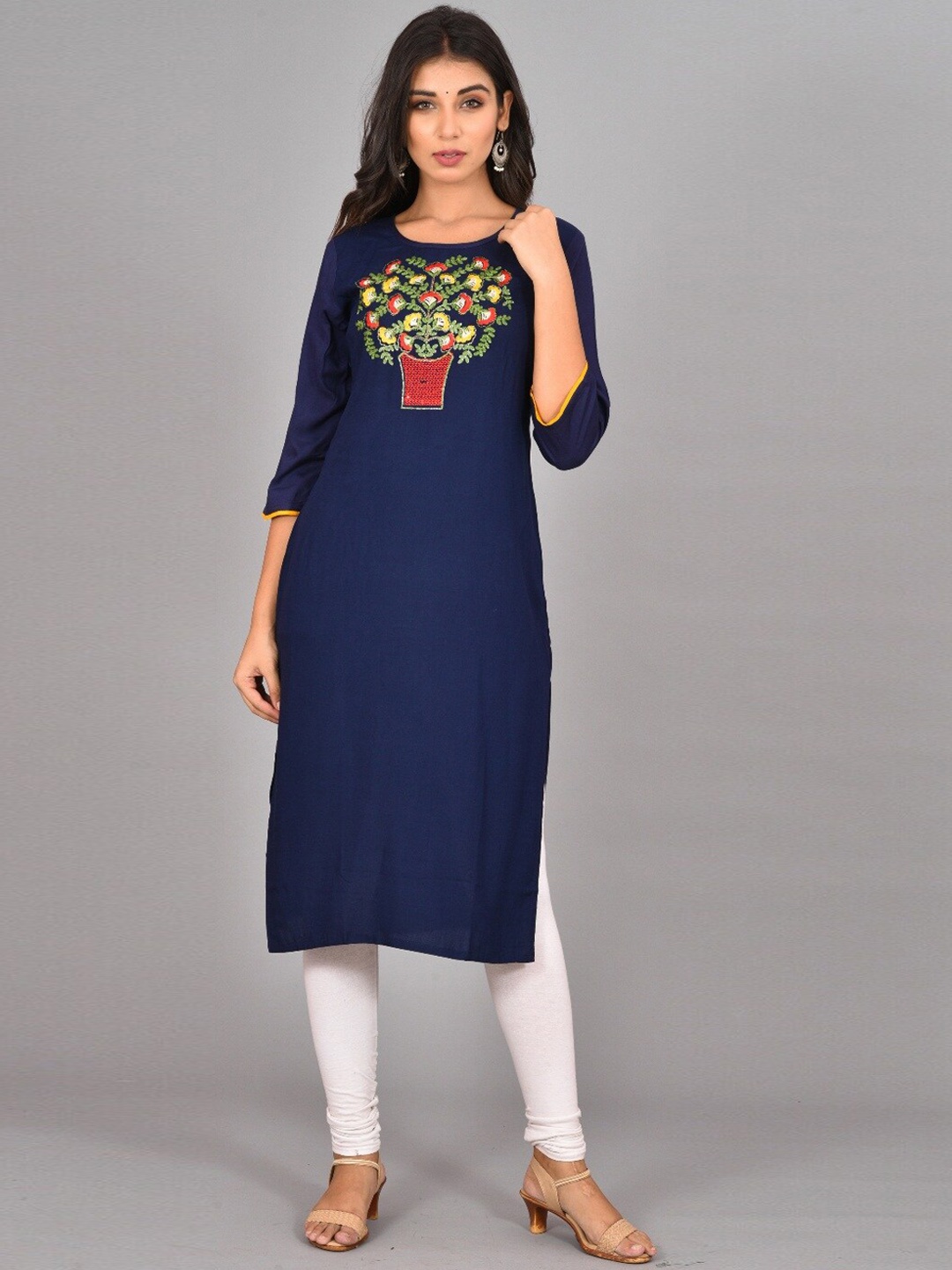 

KALINI Ethnic Motifs Yoke Design Thread Work Kurta, Navy blue