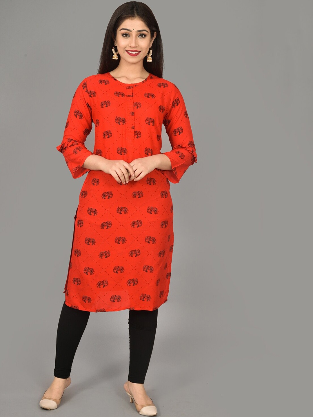 

KALINI Ethnic Motifs Printed Ruffled Straight Kurta, Red