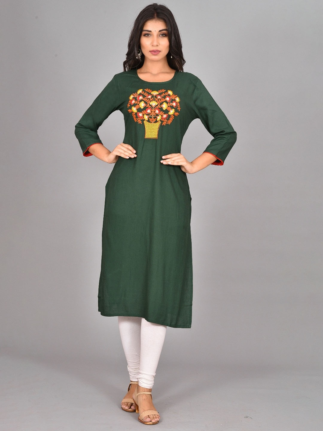 

KALINI Ethnic Motifs Yoke Design Thread Work Kurta, Green