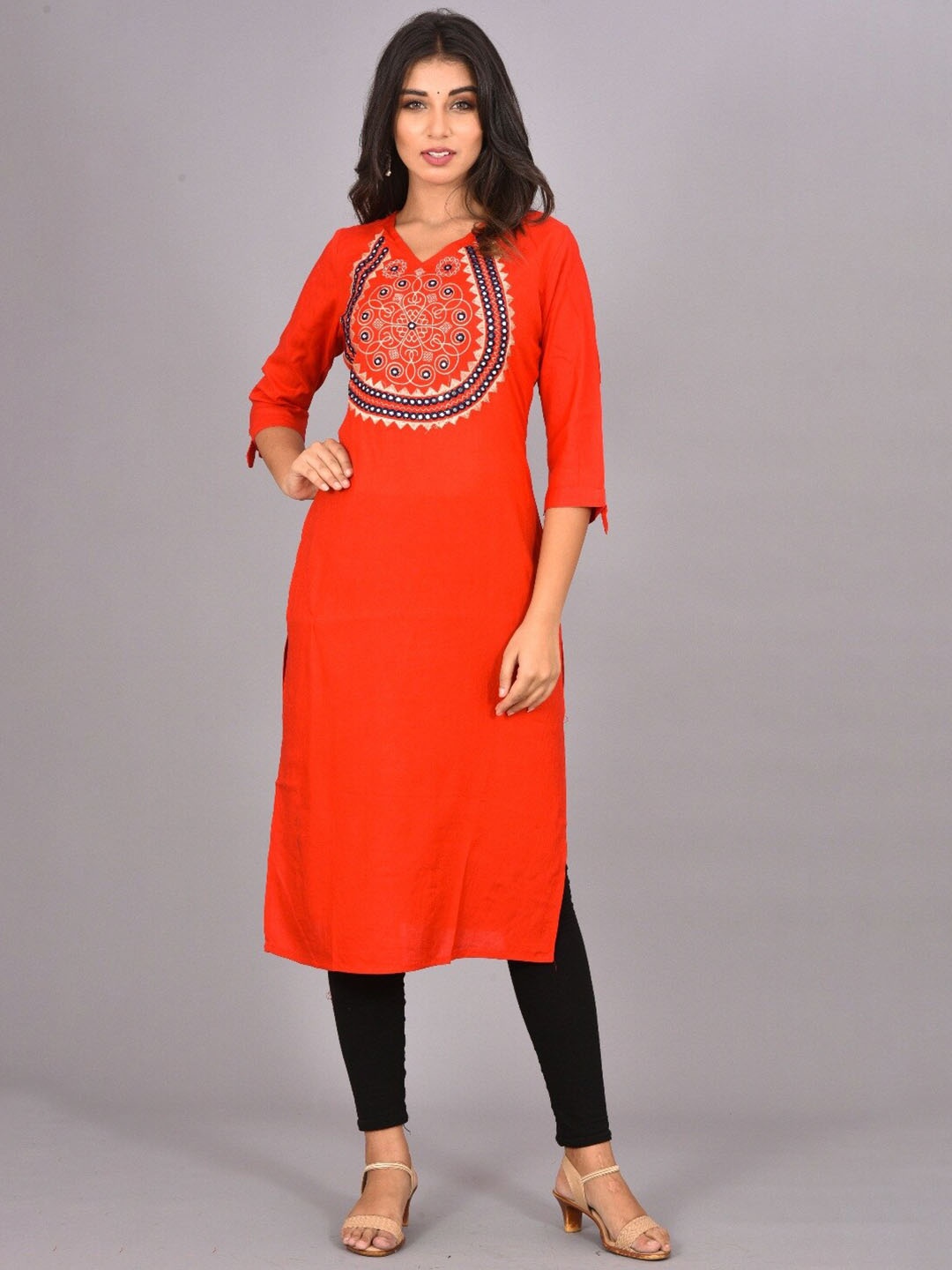 

KALINI Ethnic Motifs Yoke Design V-Neck Thread & Mirror Work Kurta, Red