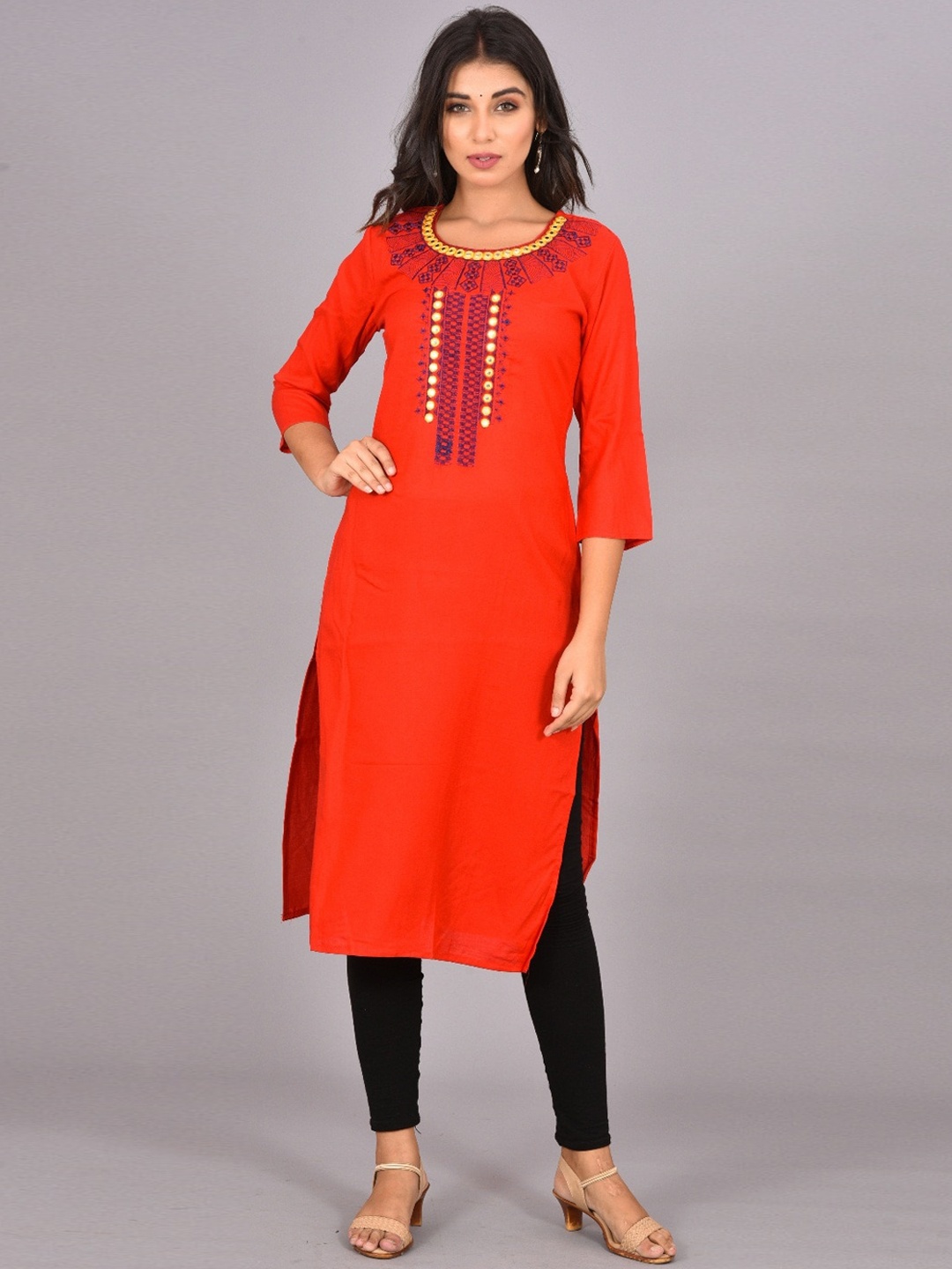 

KALINI Ethnic Motifs Embroidered Mirror Work Straight Kurta, Red