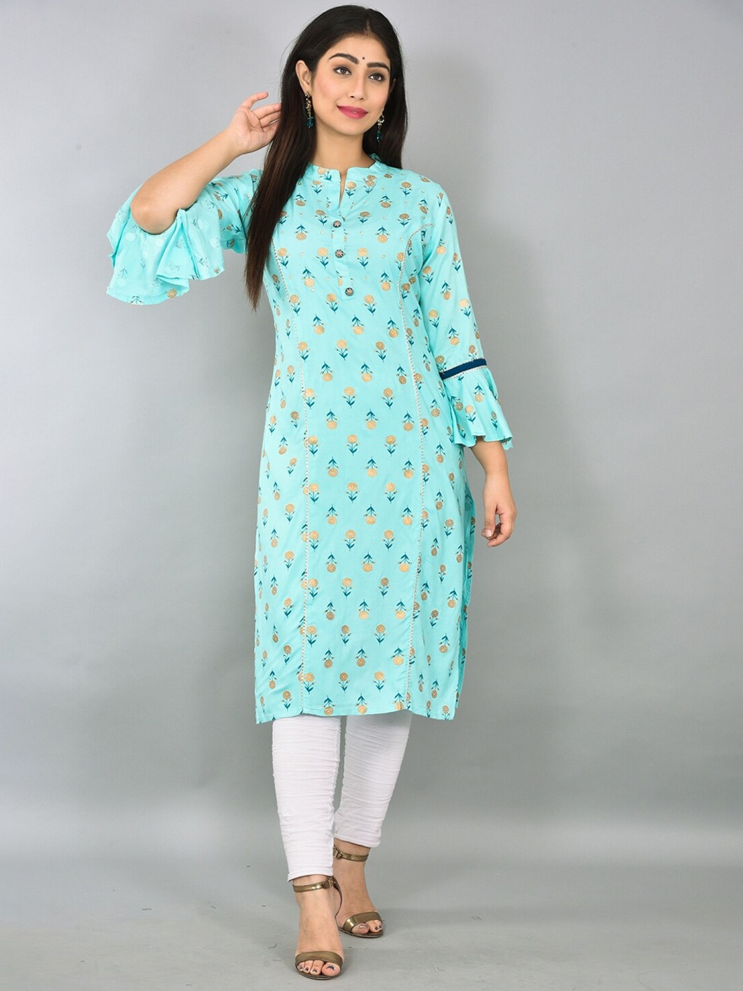 

KALINI Floral Printed Bell Sleeves Kurta, Blue