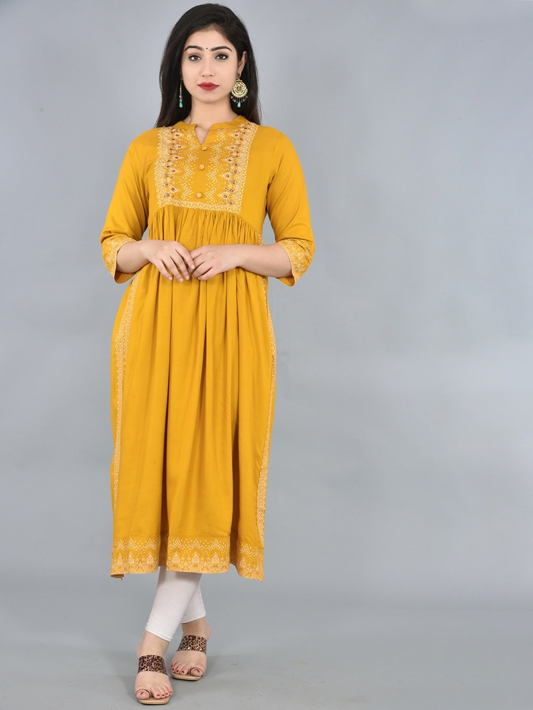 

KALINI Floral Printed A-Line Kurta, Yellow