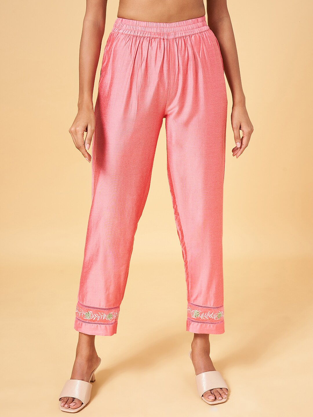 

RANGMANCH BY PANTALOONS Women Mid-Rise Regular Fit Trousers, Coral