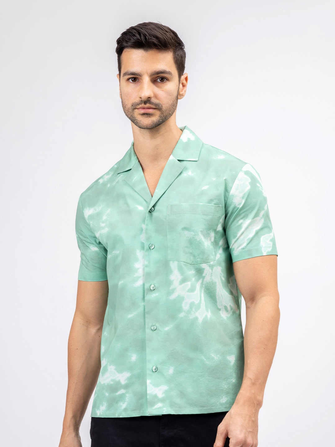 

H&M Cotton Tie And Dye Print Resort Shirt, Green